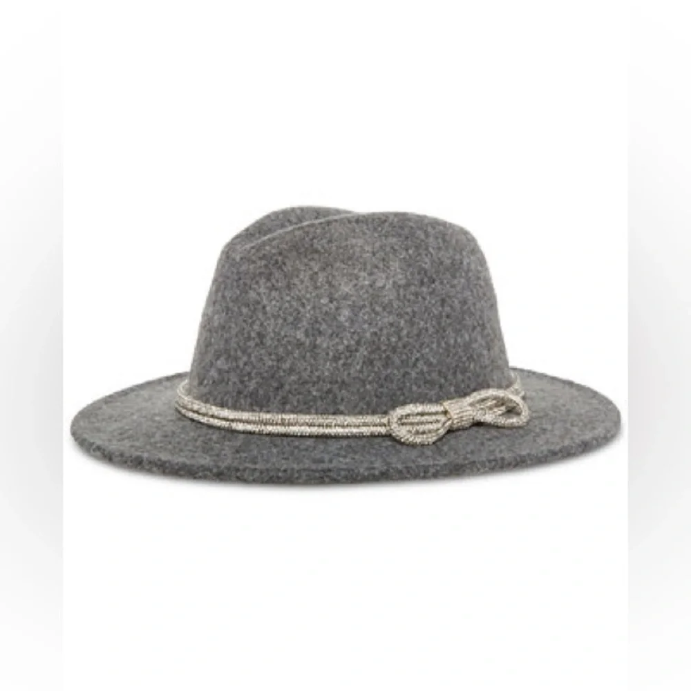 Steve Madden Women's Rhinestone Bow Trim Fedora Gray Felt NWT O/S